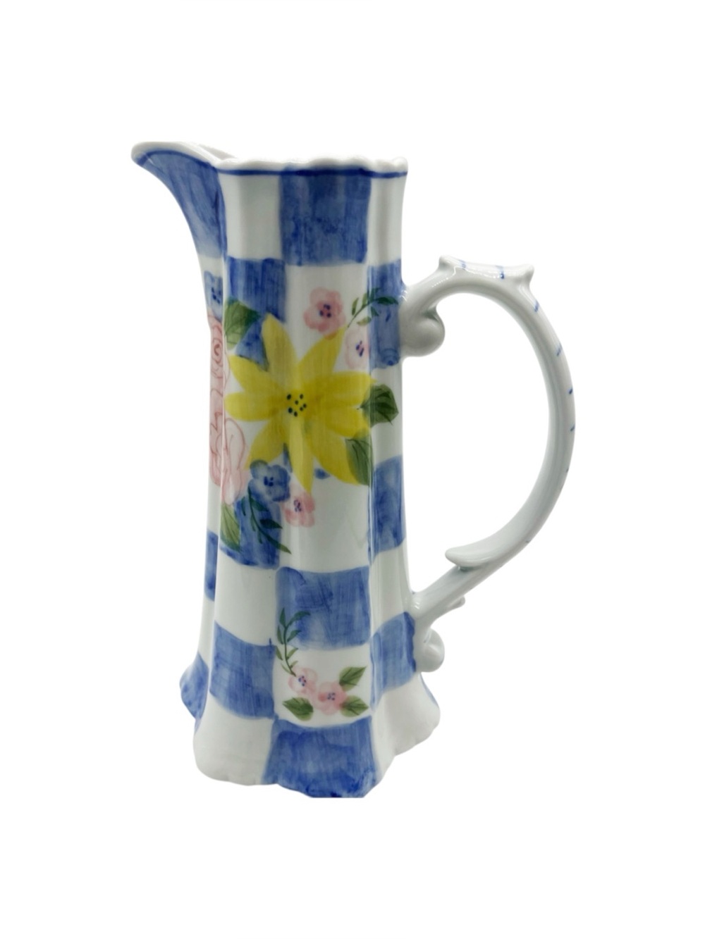 Andrea by Sadek Vase Porcelain Floral/Blue/White Checkered 8“ Deco Cottage Core